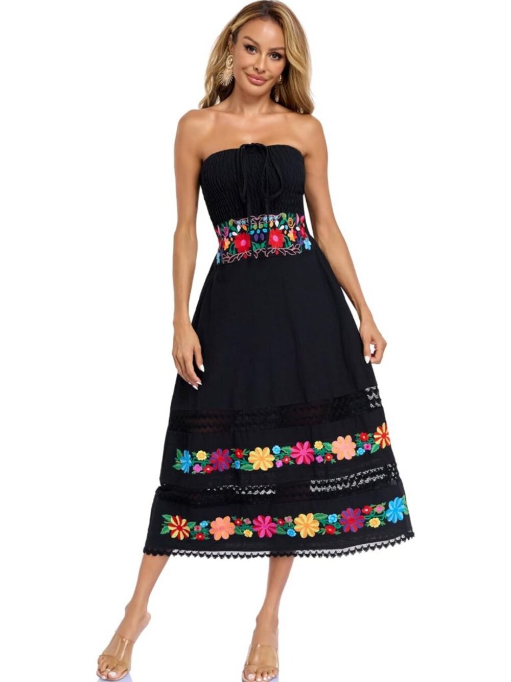 Boho Maxi Sundress for Women | Embroidered Summer Spaghetti Dress, Mexican Style
